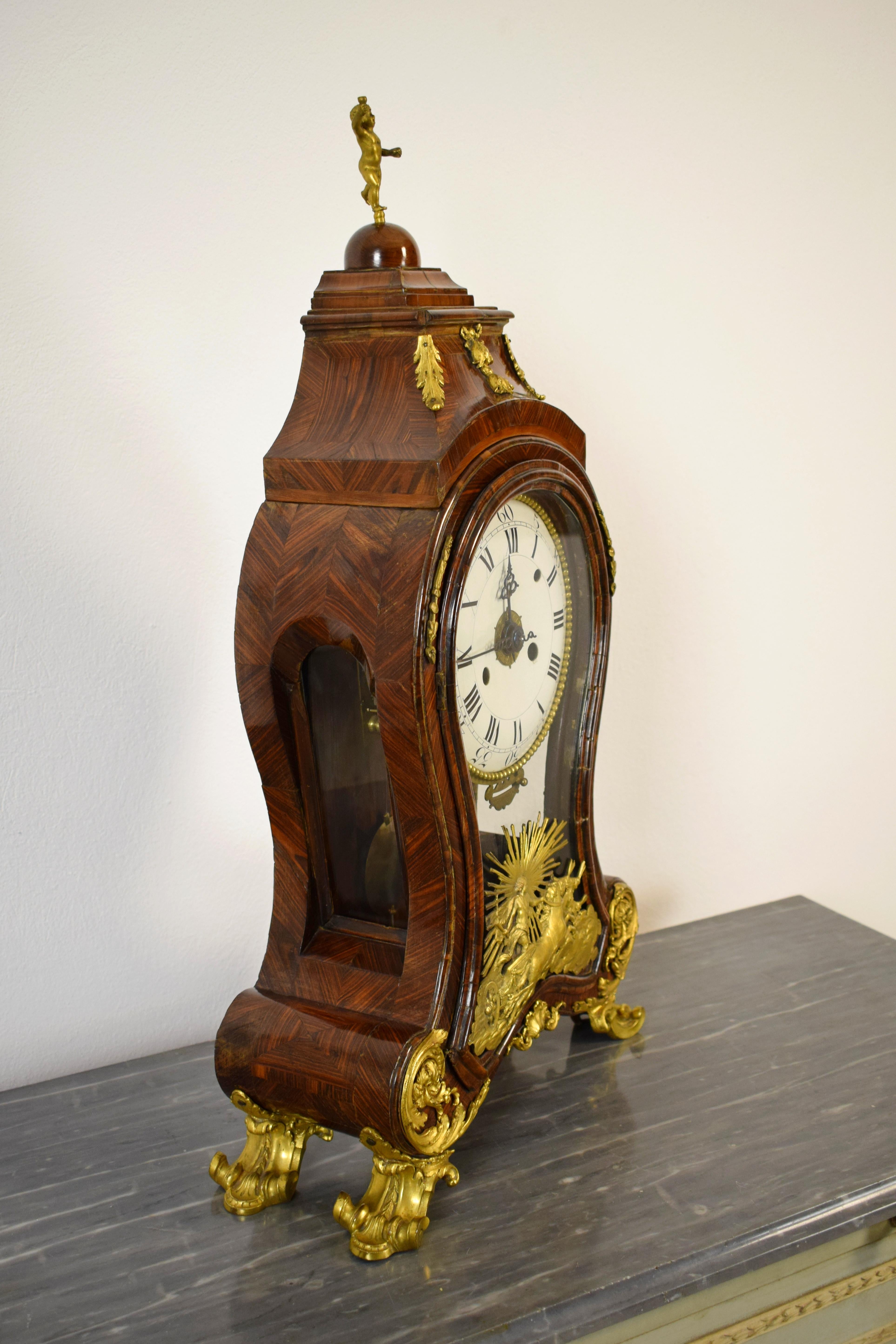 18th Century, Italian Wood Ringtone and Alarm Table Clock with Gilt Bronze For Sale 2
