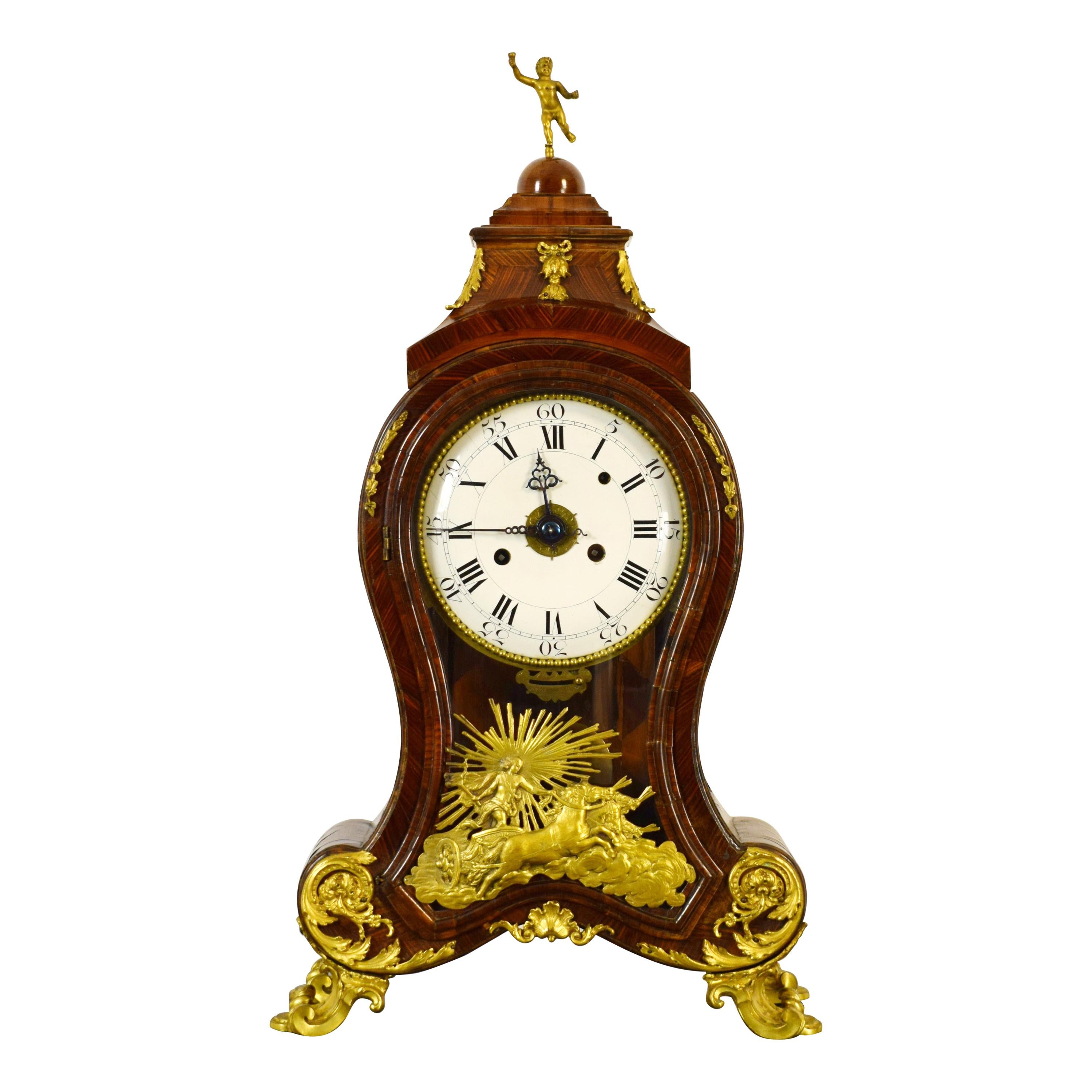 18th Century, Italian Wood Ringtone and Alarm Table Clock with Gilt Bronze