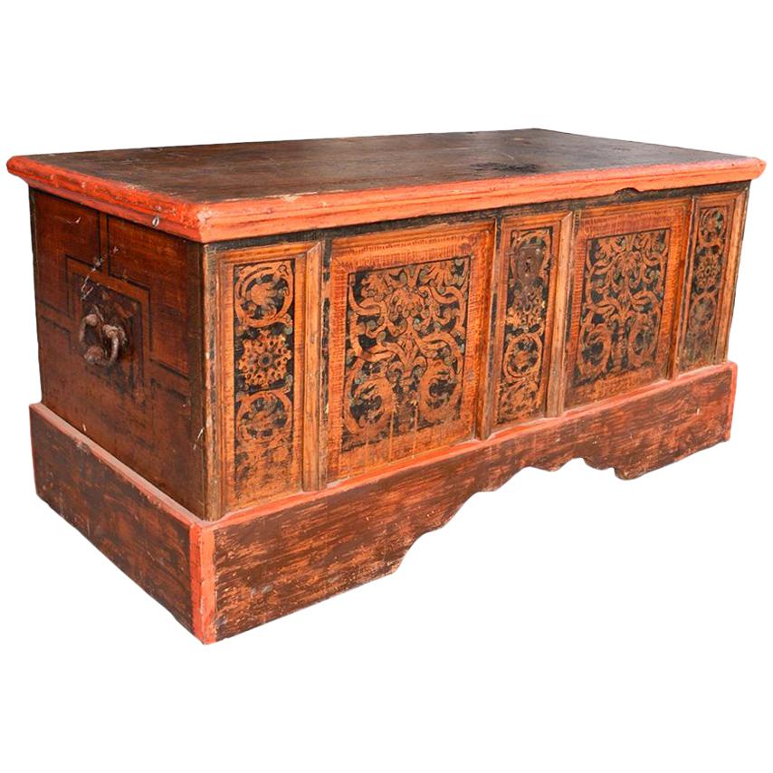 18th Century Italian Wooden Painted Chest with Original Ironwork