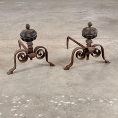 18th Century Italian Wrought Iron Andirons with Hand-Carved Bronze Finials