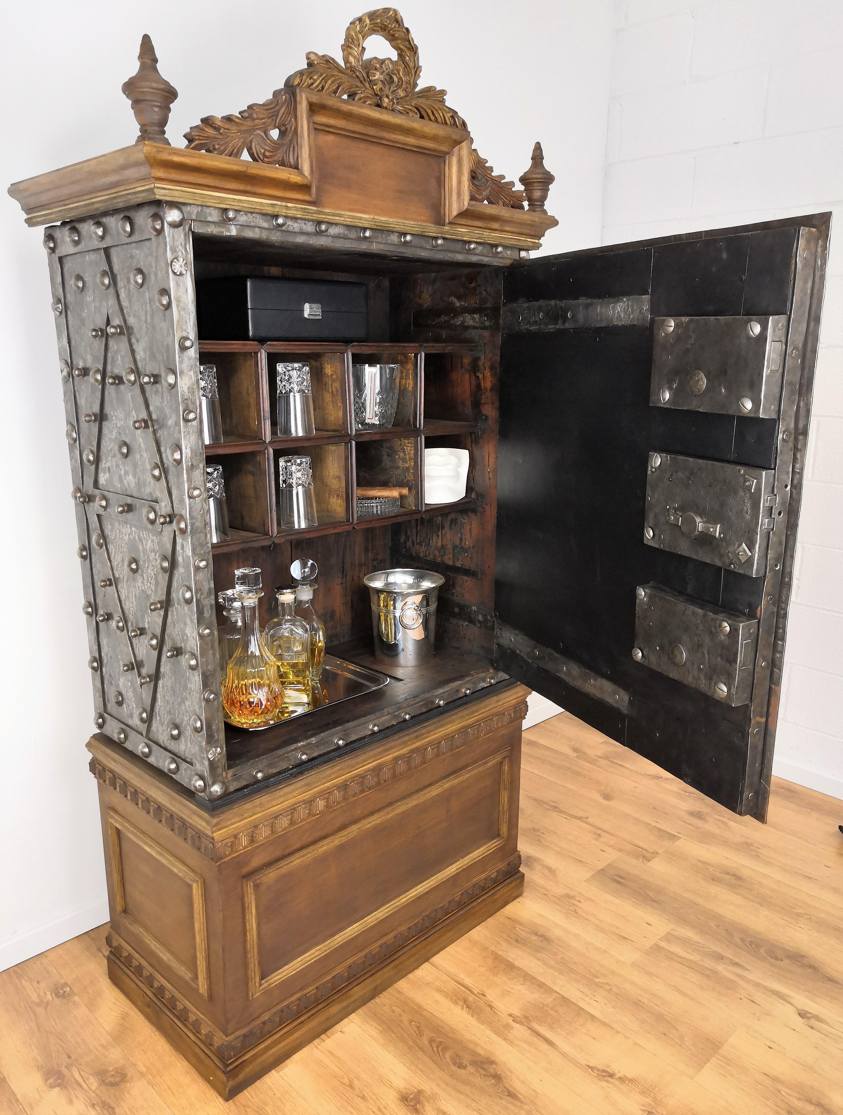 18th Century Italian Wrought Iron Hobnail Antique Safe Dry Bar Watch Cabinet 2