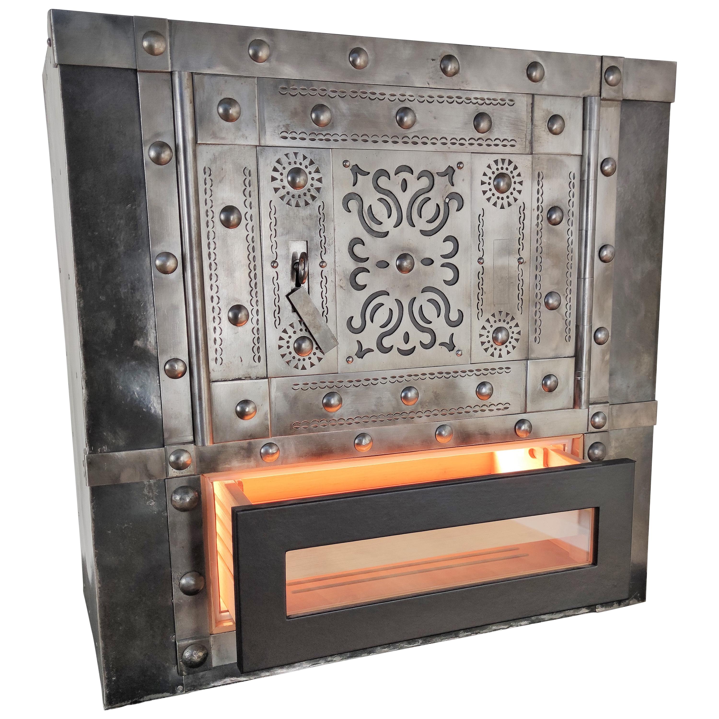 18th Century Italian Wrought Iron Studded Antique Safe Cigar Humidor Bar Cabinet