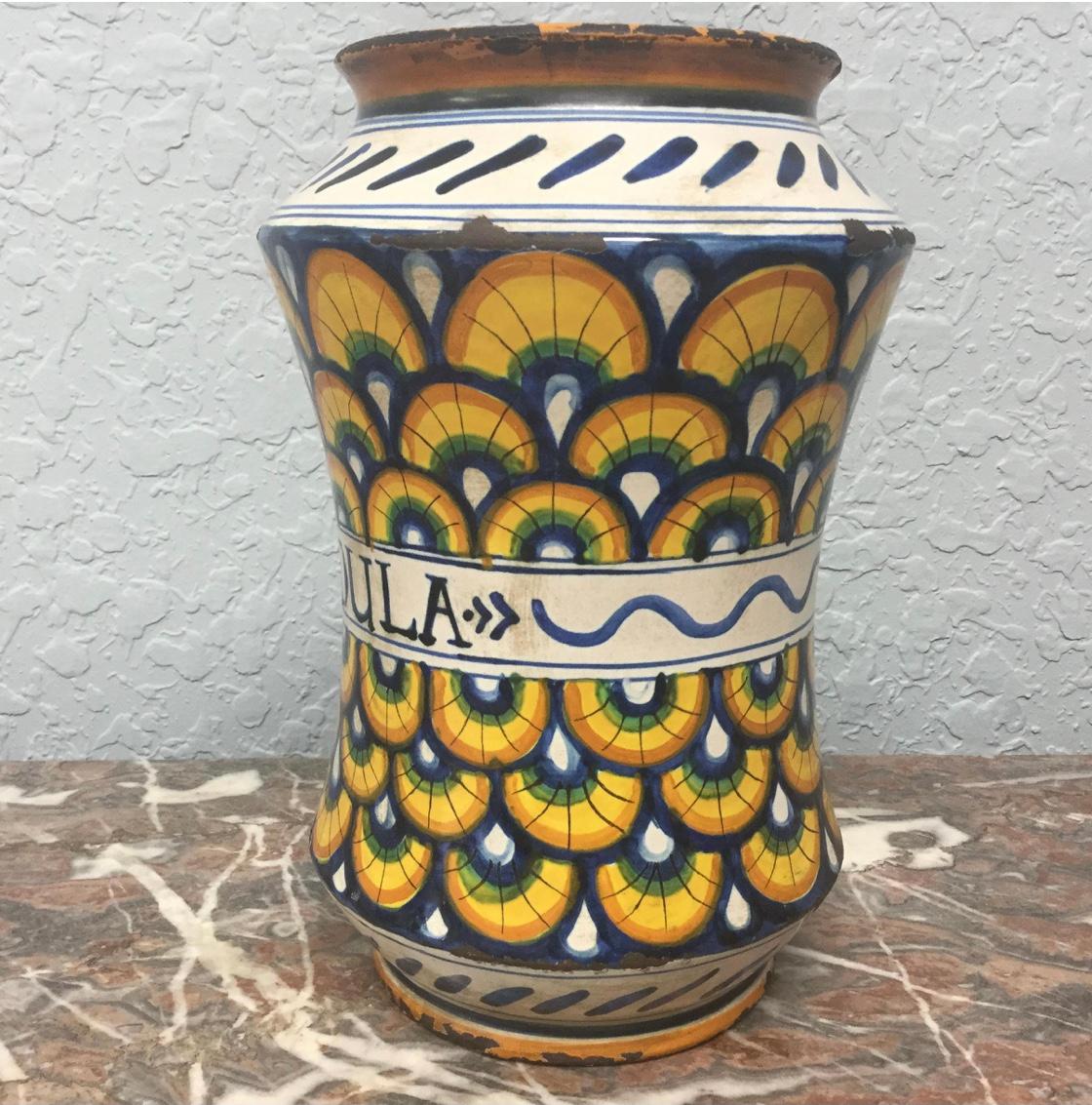 18th Century and Earlier 18th Century Italian Yellow Maiolica Pottery Albarello Drug Jar For Sale