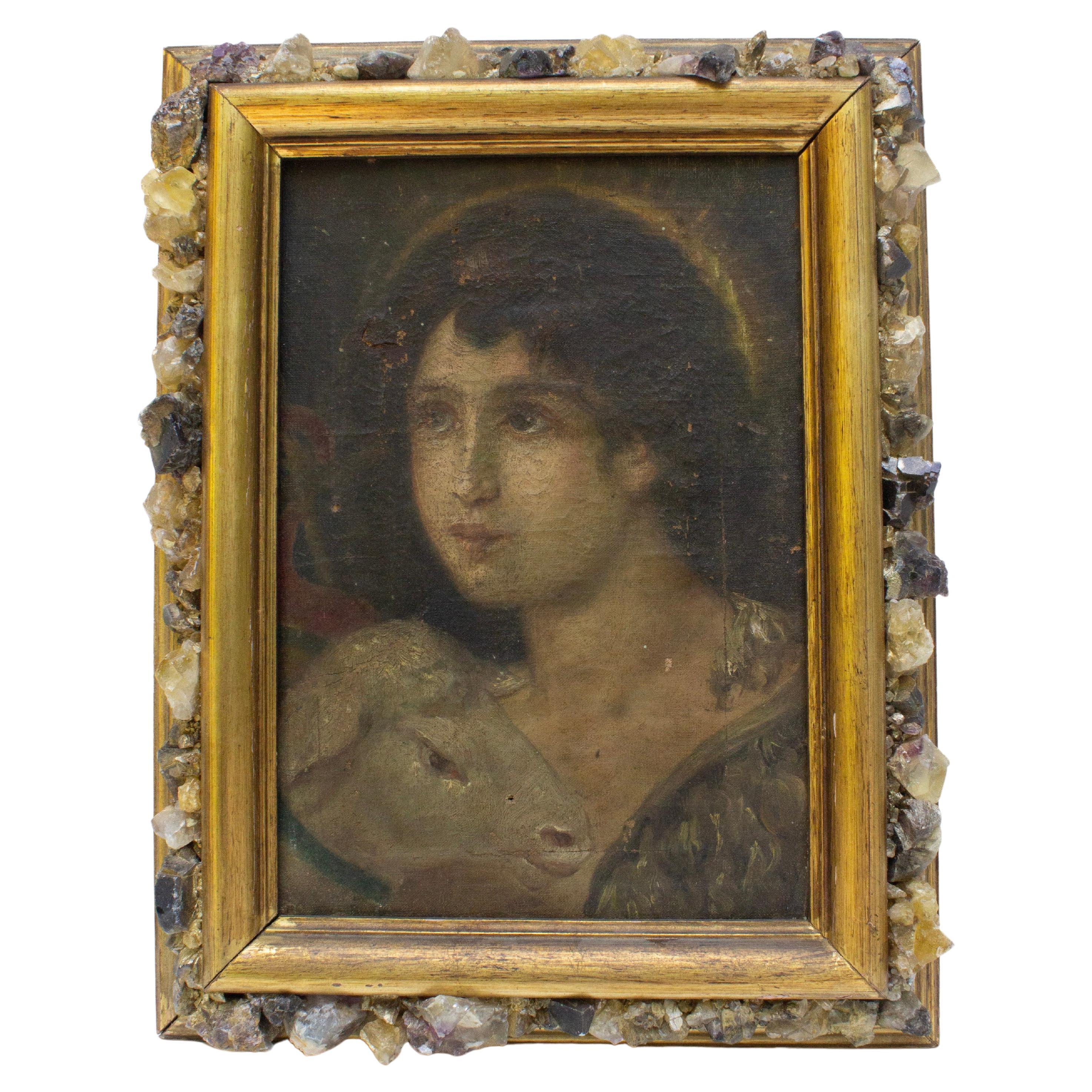 18th Century Italian "Young John the Baptist" Framed in a Fluorite & Gold Frame For Sale