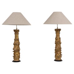 18th Century Italy Antique Gold Pair Of Carved Giltwood Table Lamps
