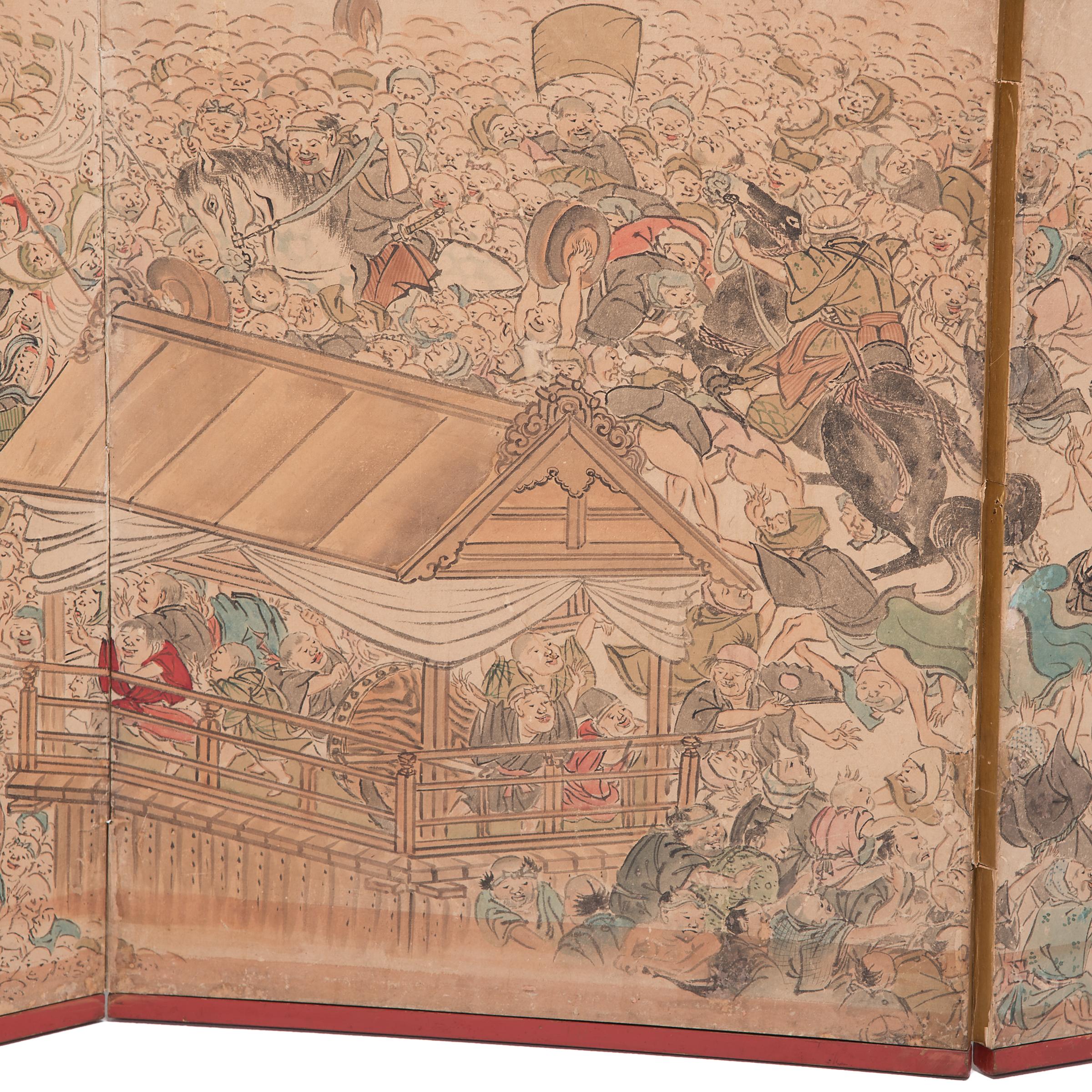 This 18th century folding screen is a stunning example of Japanese artistry. Beautifully painted with delicate brushwork, the evocative screen depicts a lively festival during the Edo period (1615–1912). The raucous scene is full of life; within the