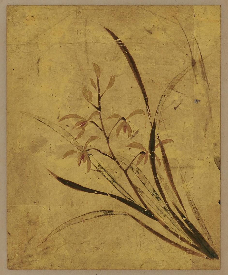 A set of 5 Japanese floral paintings from the 18th century. Each painted with mineral pigments directly applied to gold leaf. They were originally designed to be mounted on the leaves of a book; to be appreciated both for their exceptional beauty