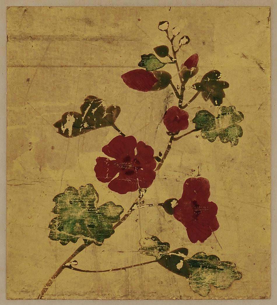 A set of 5 Japanese floral paintings from the 18th century. Each painted with mineral pigments directly applied to gold leaf. They were originally designed to be mounted on the leaves of a book; to be appreciated both for their exceptional beauty