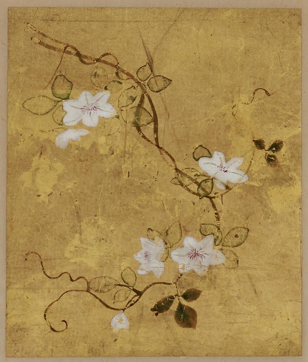 Edo tableaux floraux japonais du 18e siècle:: ensemble de 5:: pigments minéraux sur feuille d'or en vente