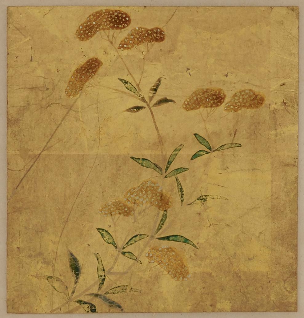 Japonais tableaux floraux japonais du 18e siècle:: ensemble de 5:: pigments minéraux sur feuille d'or en vente