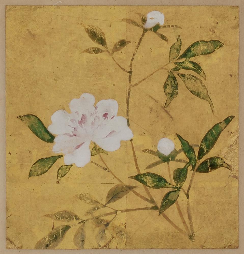 18th Century Japanese Floral Paintings, Set of 5, Mineral Pigments on Gold Leaf (Handbemalt)