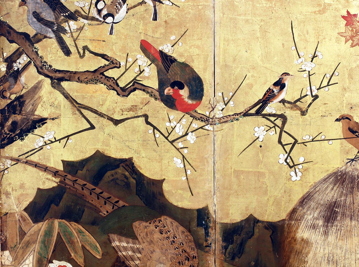 Six-panel Japanese screen, from the 18th century Rinpa school, depicting a spring landscape with many birds on sakura, bamboo and maple trees.
This work of rare quality is hand painted with mineral pigments on gold leaf and vegetable paper,