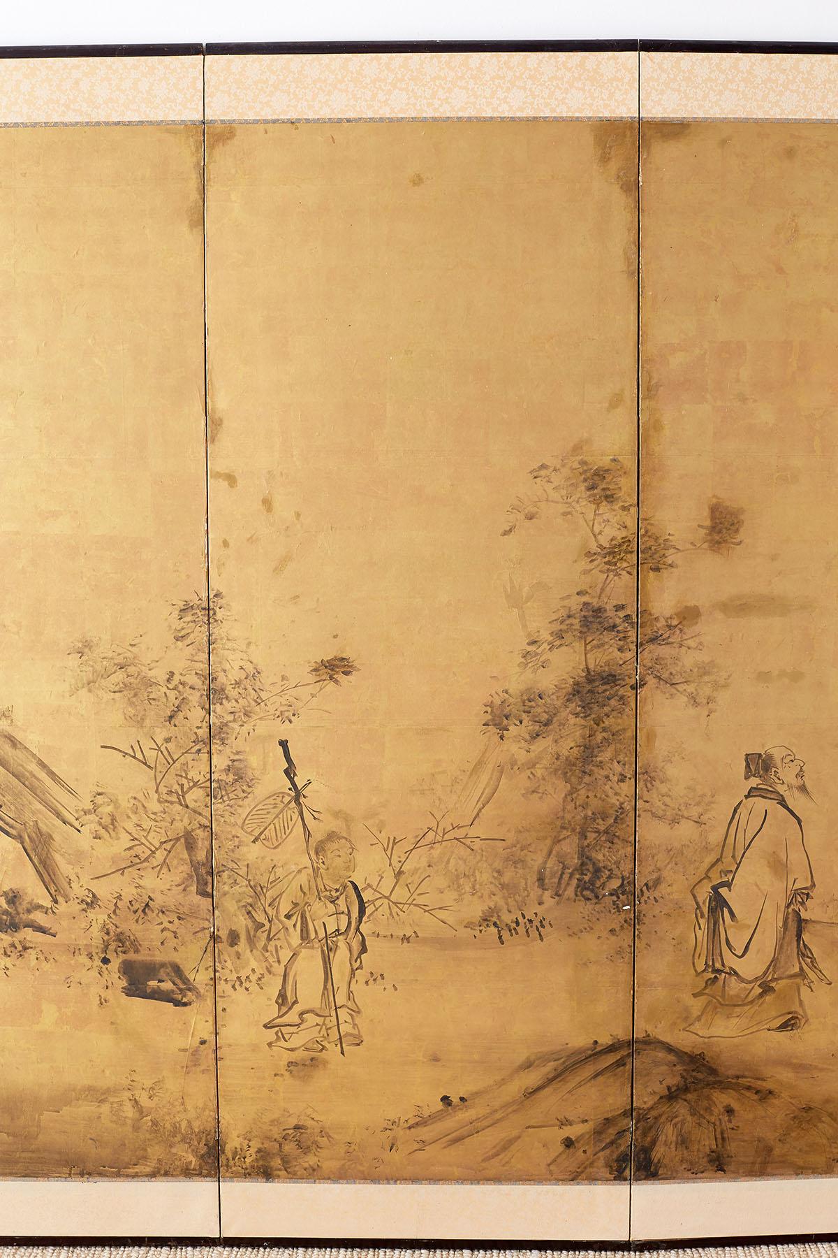 Ebonized 18th Century Japanese Four Panel Kano School Screen