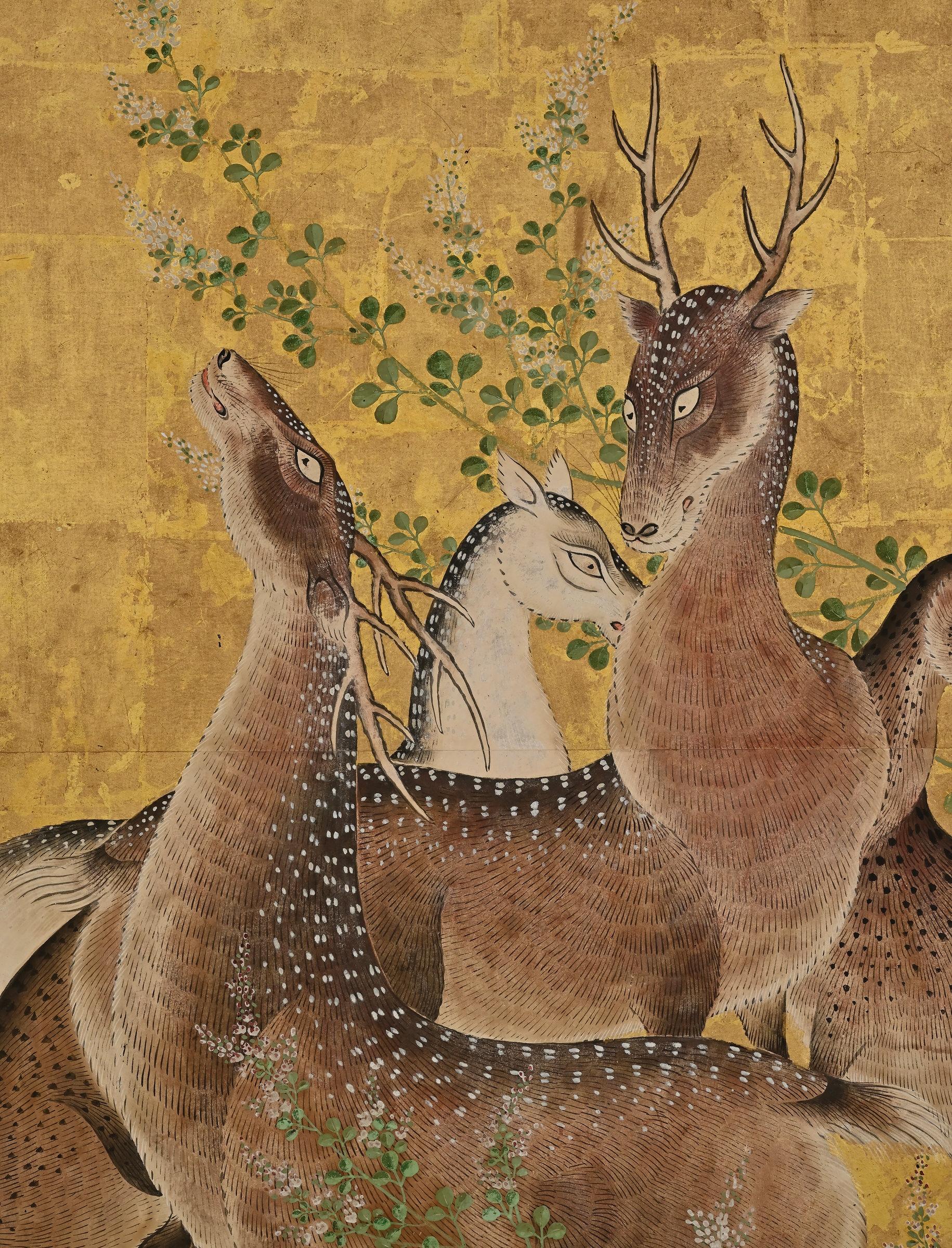 Edo 18th Century Japanese Framed Painting, Deer & Bush Clover