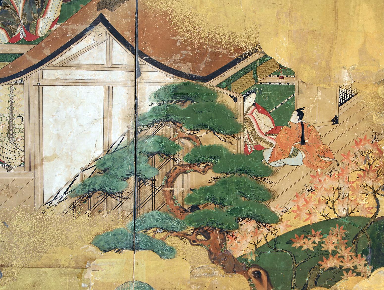 Four-panel folding screen depicting the famous legend of Hikaru Genji, a nobleman of extraordinary grace and beauty, and his gallant adventures at court.
The novel Genji Monogatari, written in the year 1006, is the most important work of Japanese