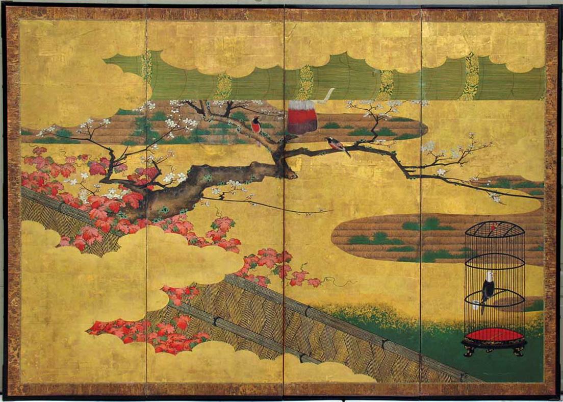 Edo Period Japanese four-panel screen, mineral pigments painted on gold leaf of an abstract exterior landscape view with a rolled up shade at the top framing the scene as a view from the interior of a dwelling looking out at the two birds perched on