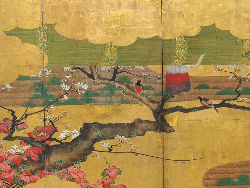 Edo 18th Century Japanese Painted and Gold Leaf Four-Panel Folding Screen For Sale
