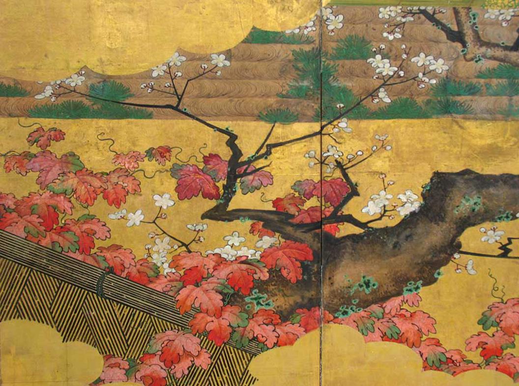 18th Century Japanese Painted and Gold Leaf Four-Panel Folding Screen In Good Condition For Sale In New York, NY