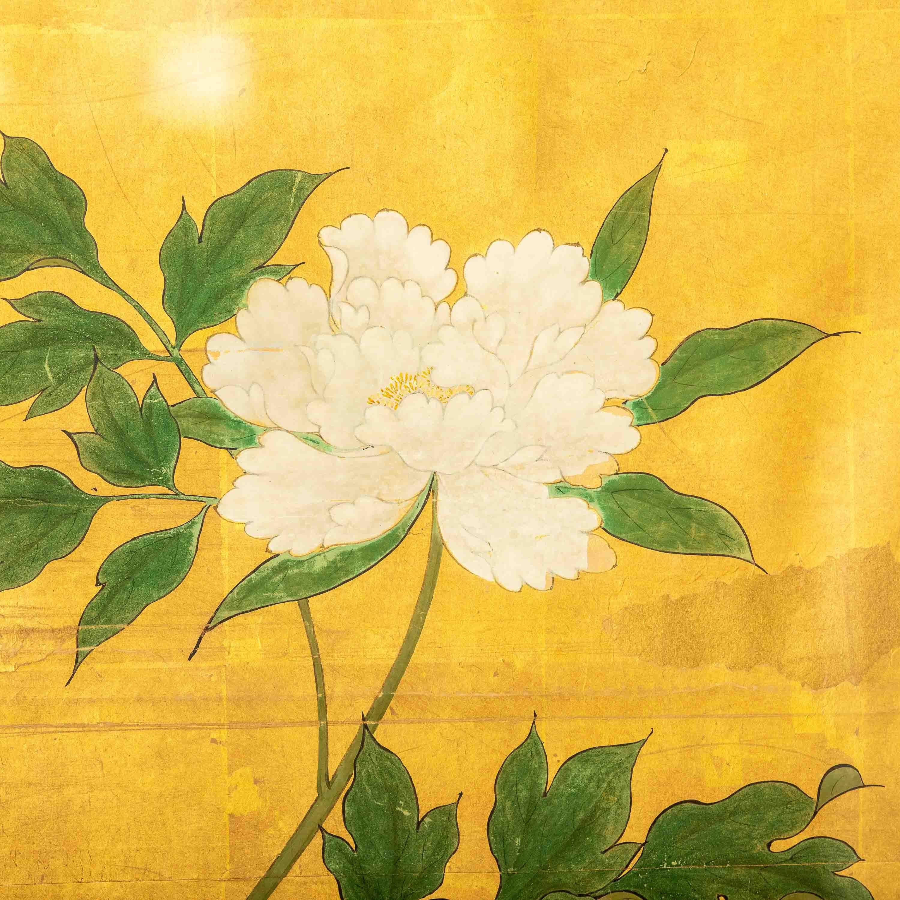 This beautiful stylized depiction of red and white peonies once adorned a traditional four panel screen. Now it sits within its handmade frame, ready to grace your walls. The peony is known to the Japanese as the 'King of Flowers', it symbolizes