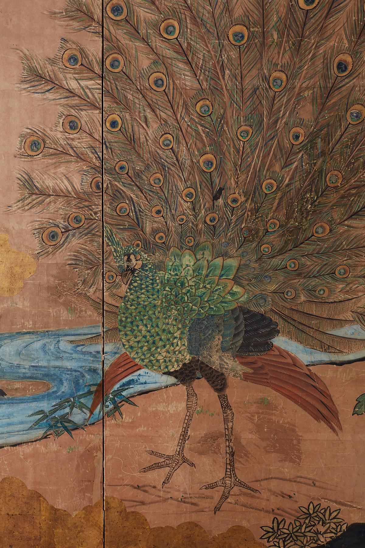 18th Century Japanese Peacock Screen Kano School 1