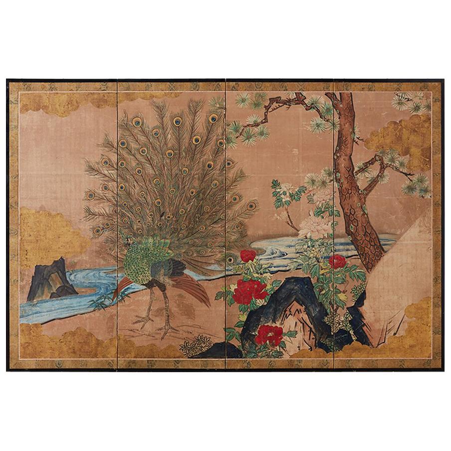 18th Century Japanese Peacock Screen Kano School
