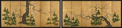 18th Century Japanese Screen Pair. Plum & Young Pines. Kano School.