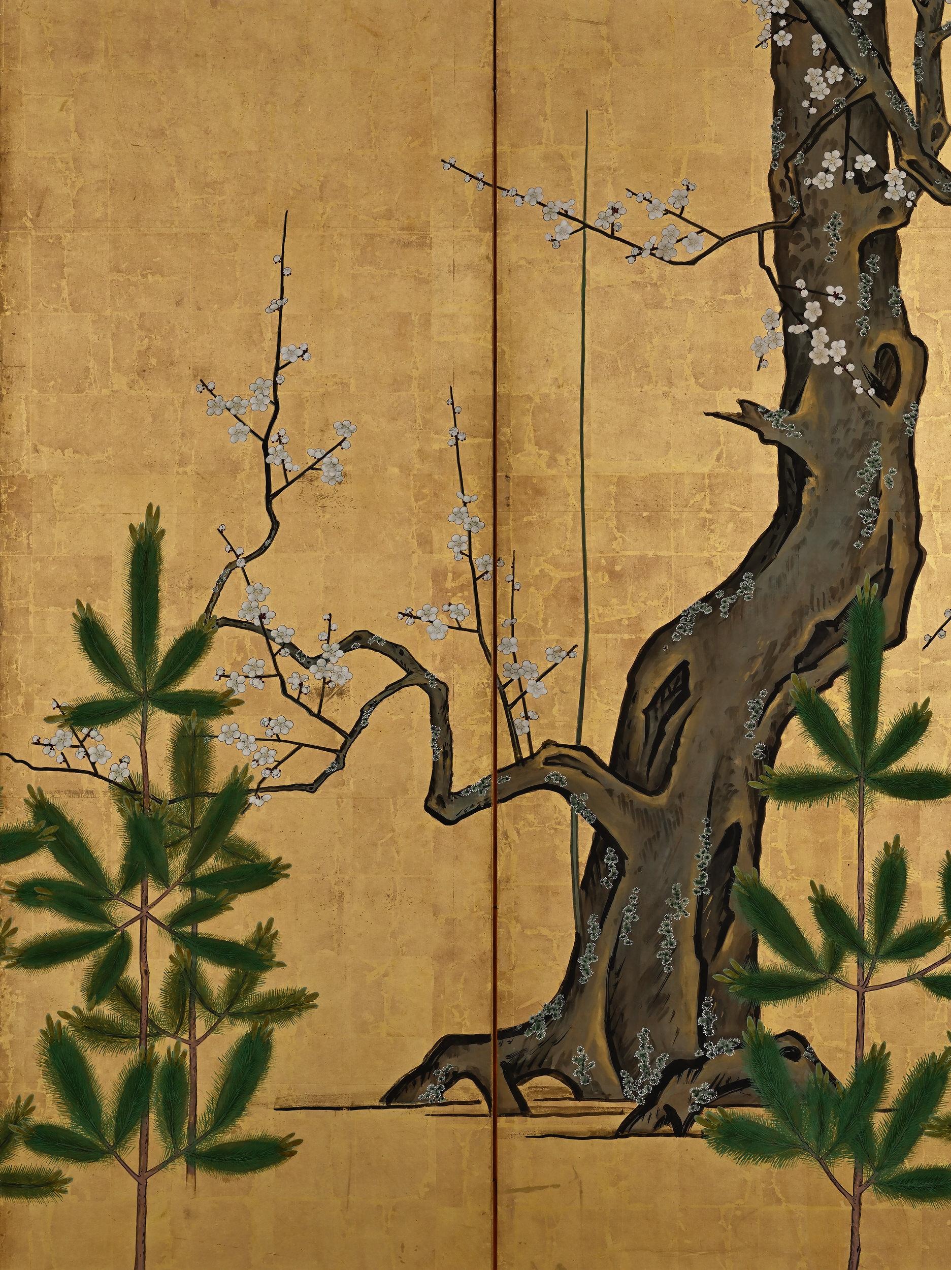 Edo 18th Century Japanese Screen Pair. Plum & Young Pines. Kano School. For Sale