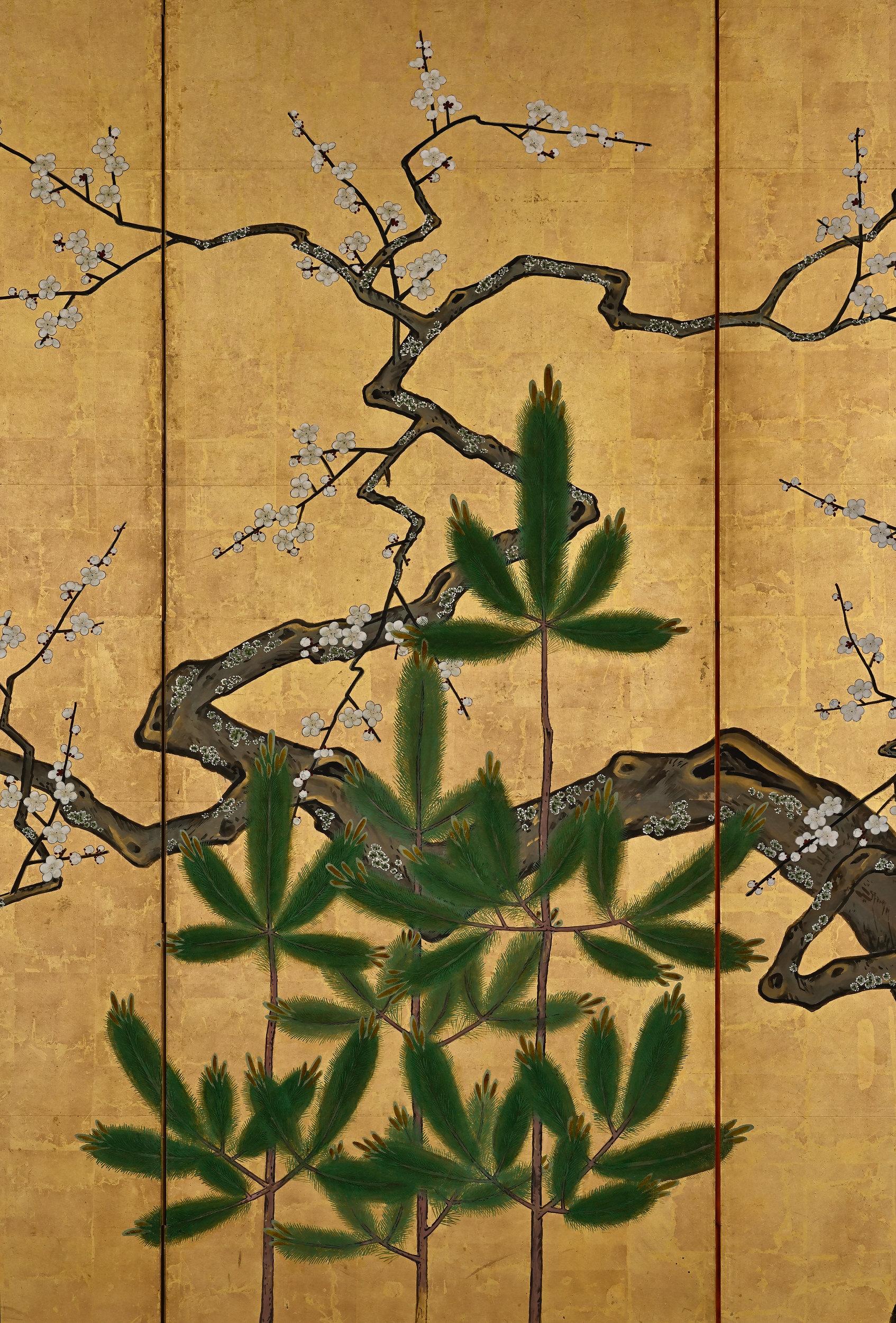 18th Century Japanese Screen Pair. Plum & Young Pines. Kano School. In Good Condition For Sale In Kyoto, JP