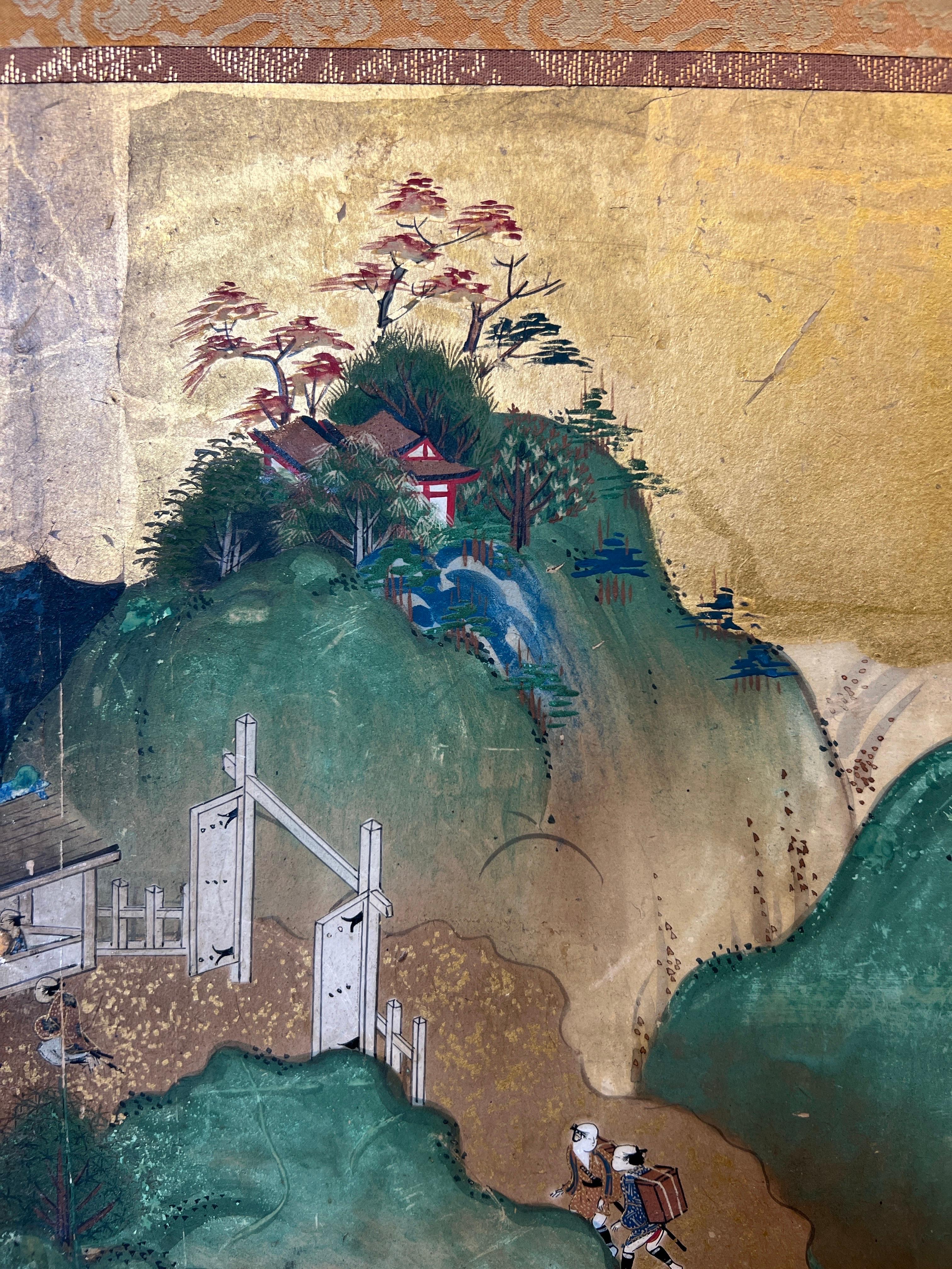 Paravent japonais du XVIIIe siècle avec scènes de village à la feuille d'or en vente 4