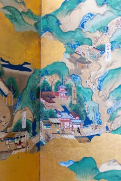 Early 19th century Japanese Screen with Village Scenes on Gold Leaf