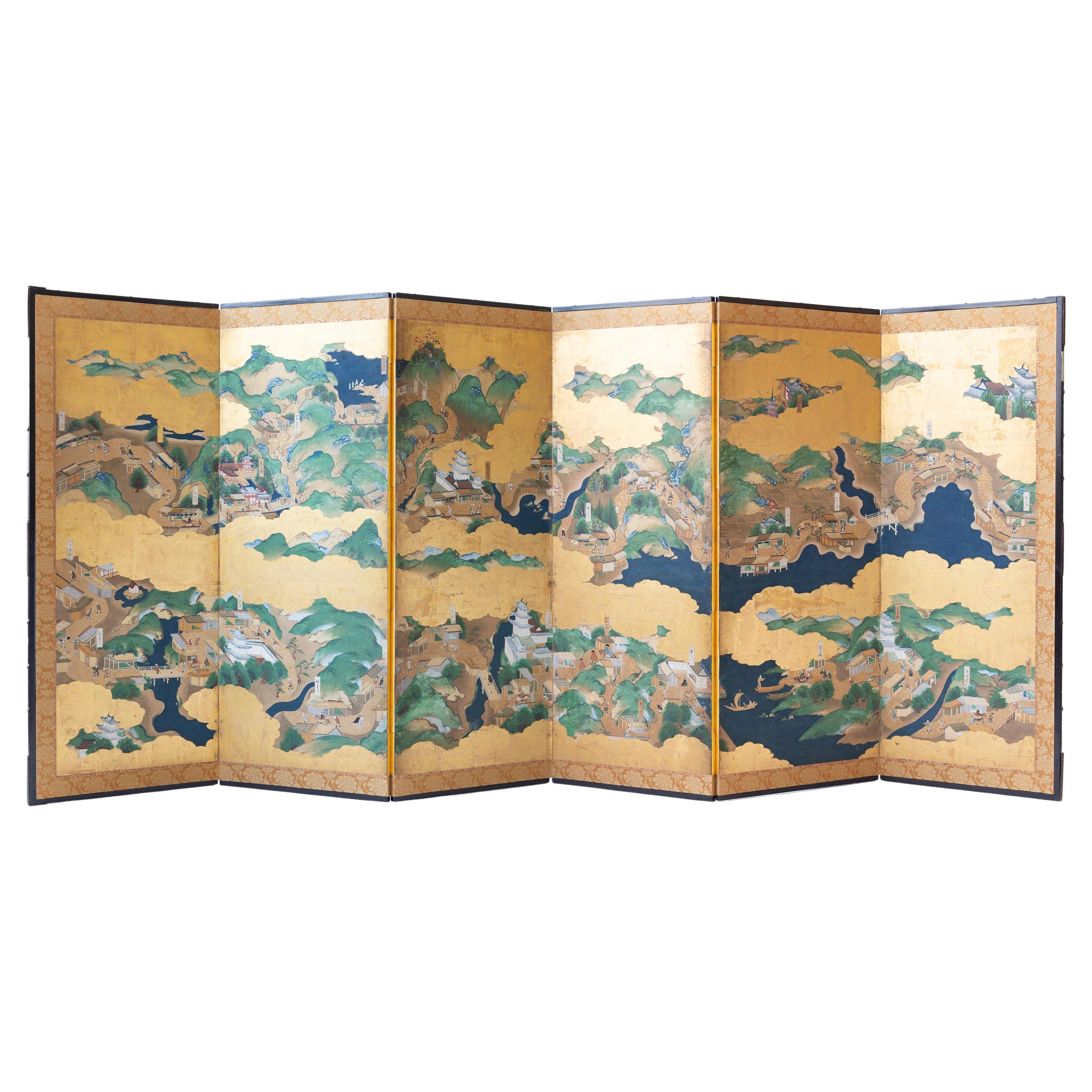 Paravent japonais du XVIIIe siècle avec scènes de village à la feuille d'or