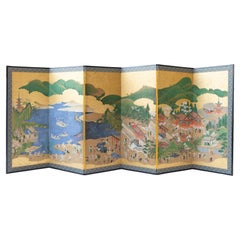 19th Century Japanese Screen with Sumiyoshi Shrine on Gold Leaf