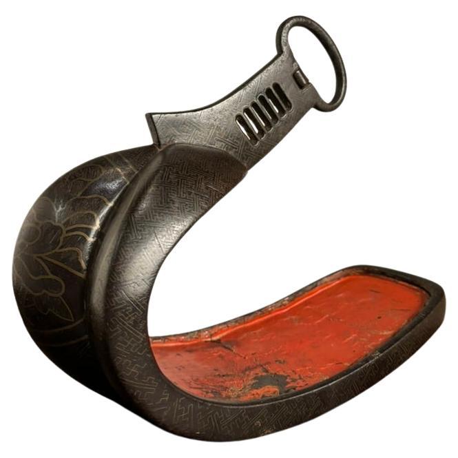 18th Century Japanese Silver Inlaid Iron Shogun Stirrup (Abumi) Red Lacquer For Sale