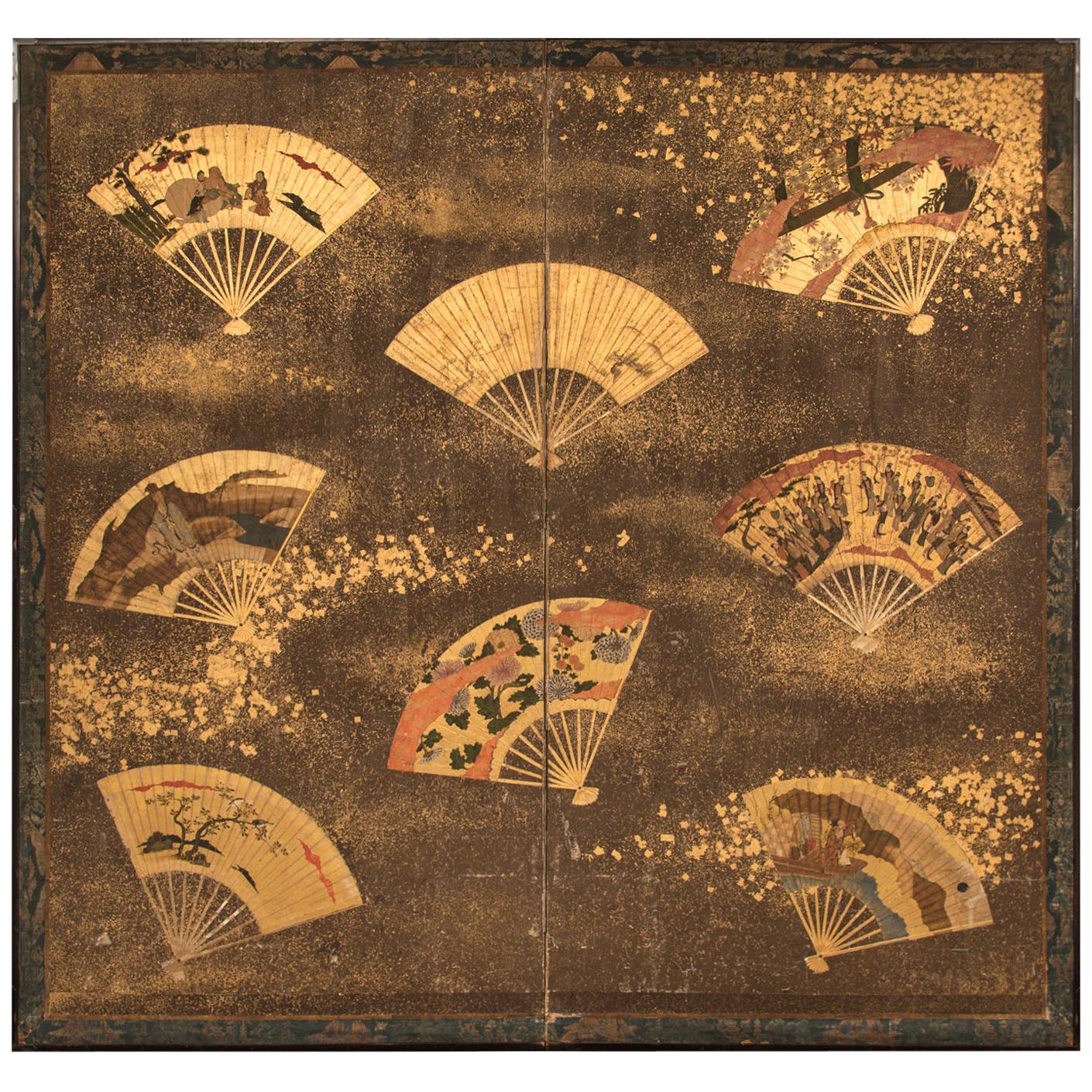 18th Century Japanese Two-Panel Screen Collection of Fans on Gold
