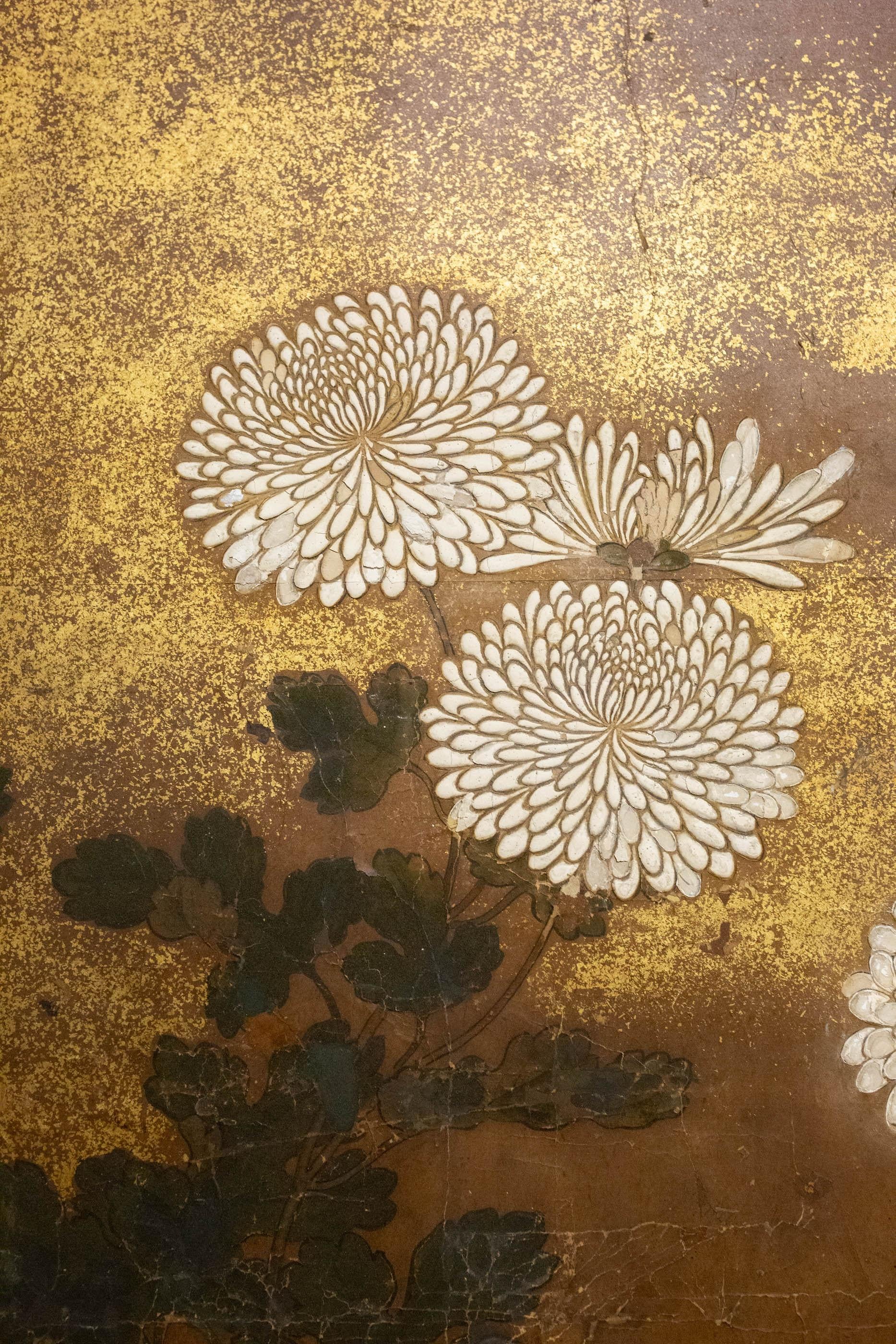 Mineral pigments and gofun on paper with gold dust, and silk brocade border. Painting in good condition and mounting fresh. Signature reads, Shucho Sadayoshi. Japan, second half of the 18th century.