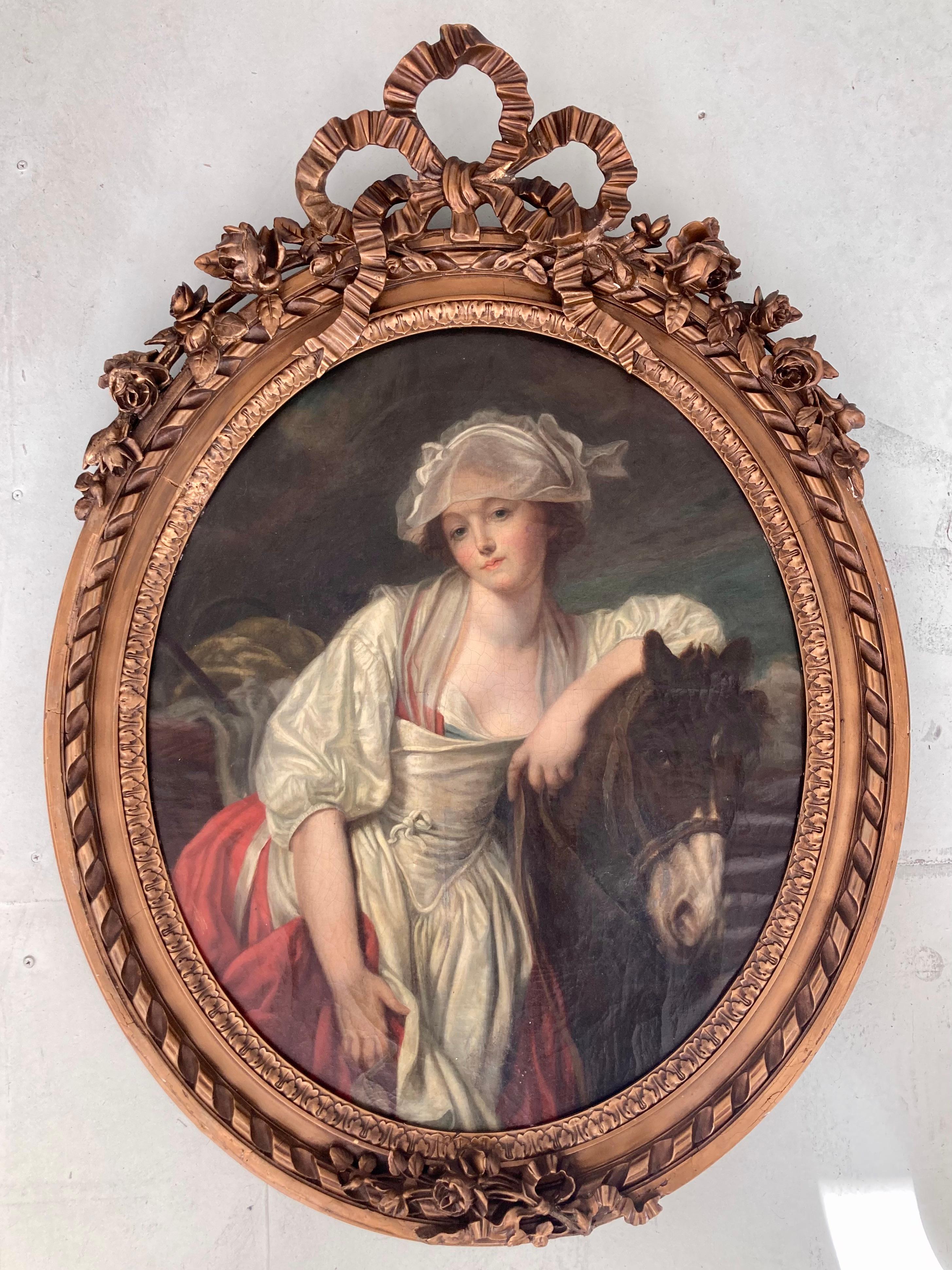 Tableau de maître ancien français du XVIIIe siècle de Jean-Baptiste Greuze. Magnifique cadre doré d'origine, avec dossiers en bois d'origine. Marque/tag au dos de la toile également. Les détails de la peinture sont magnifiques - la coiffe