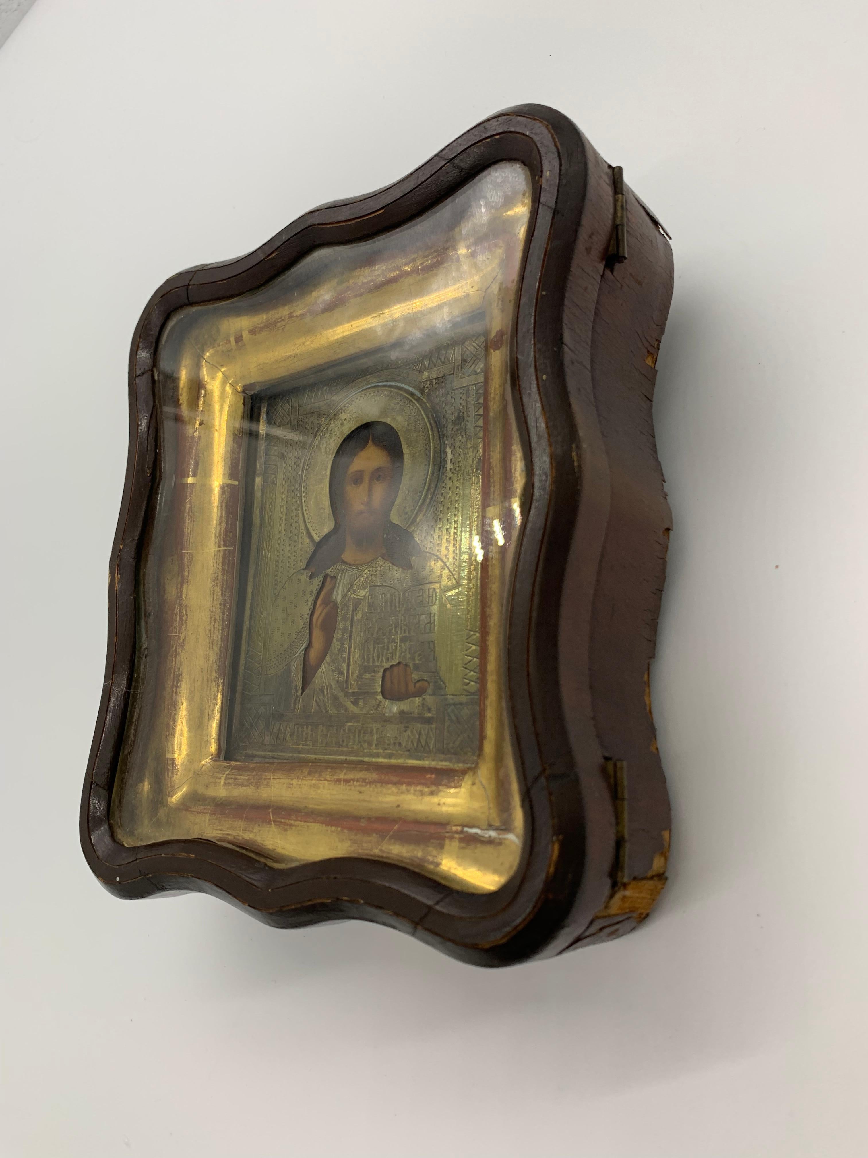 18th Century Jesus Christ Icon in Brass and Oil Painting 1