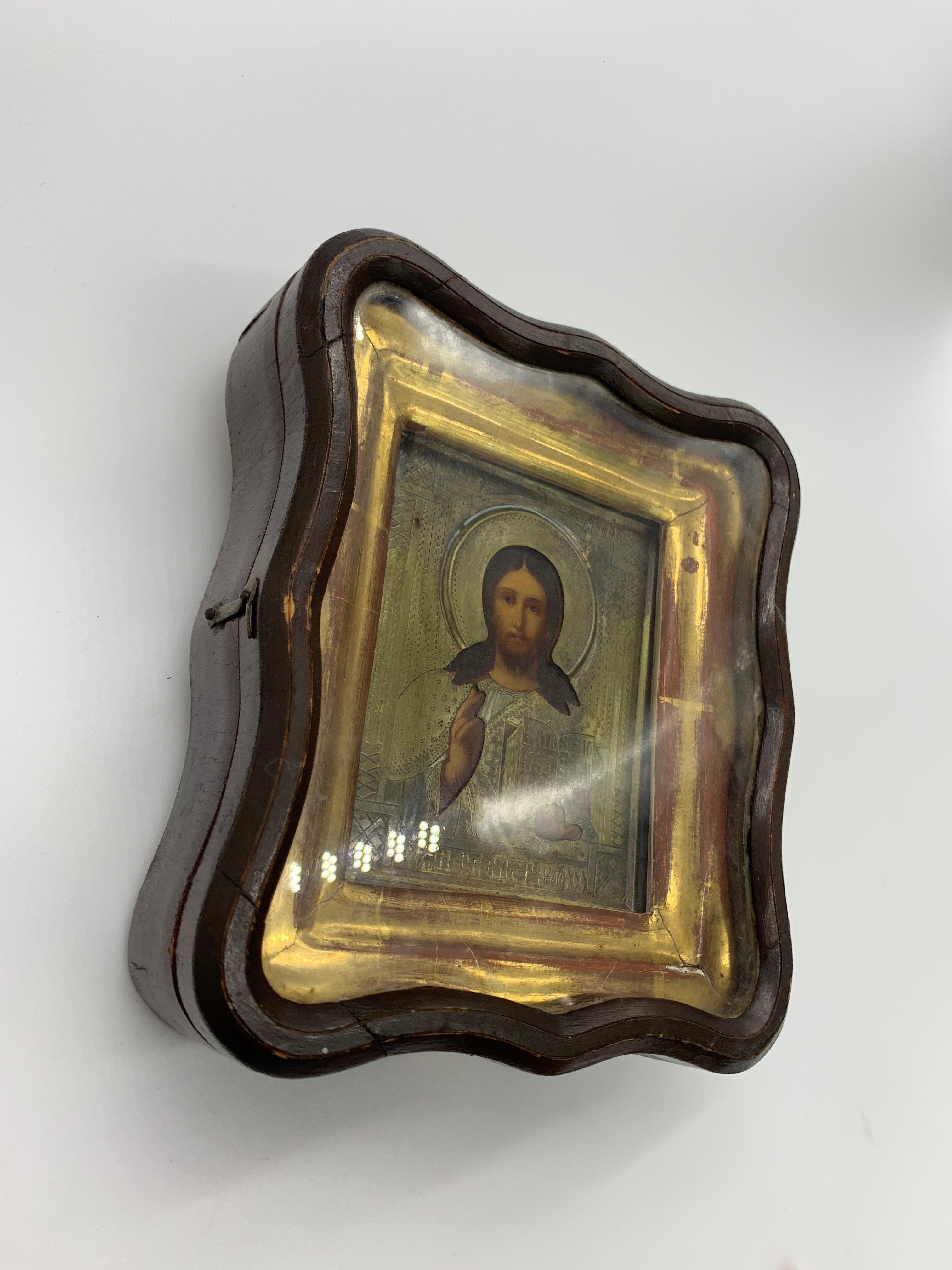 18th Century Jesus Christ Icon in Brass and Oil Painting 2