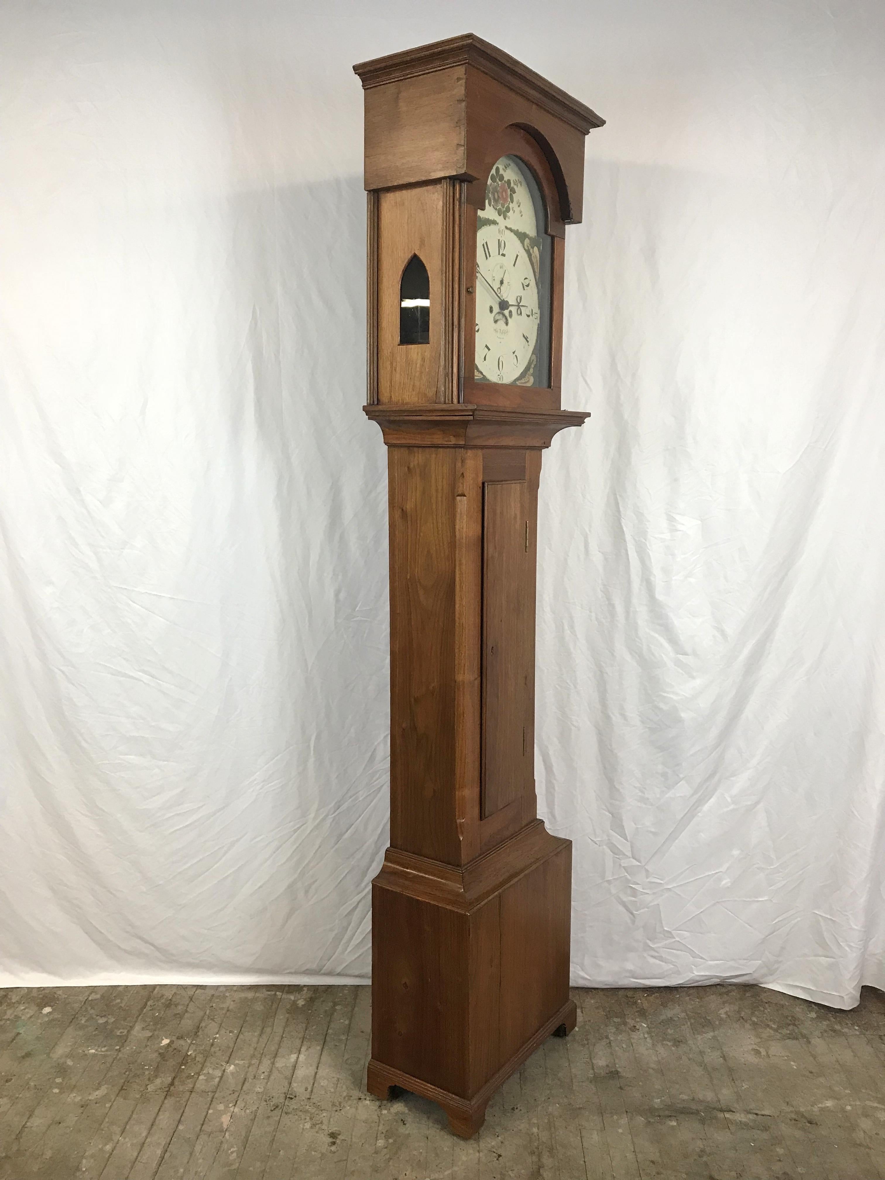 Chippendale 18th Century John Fessler Walnut Tall Clock, Hand-Painted Face, circa 1790 For Sale