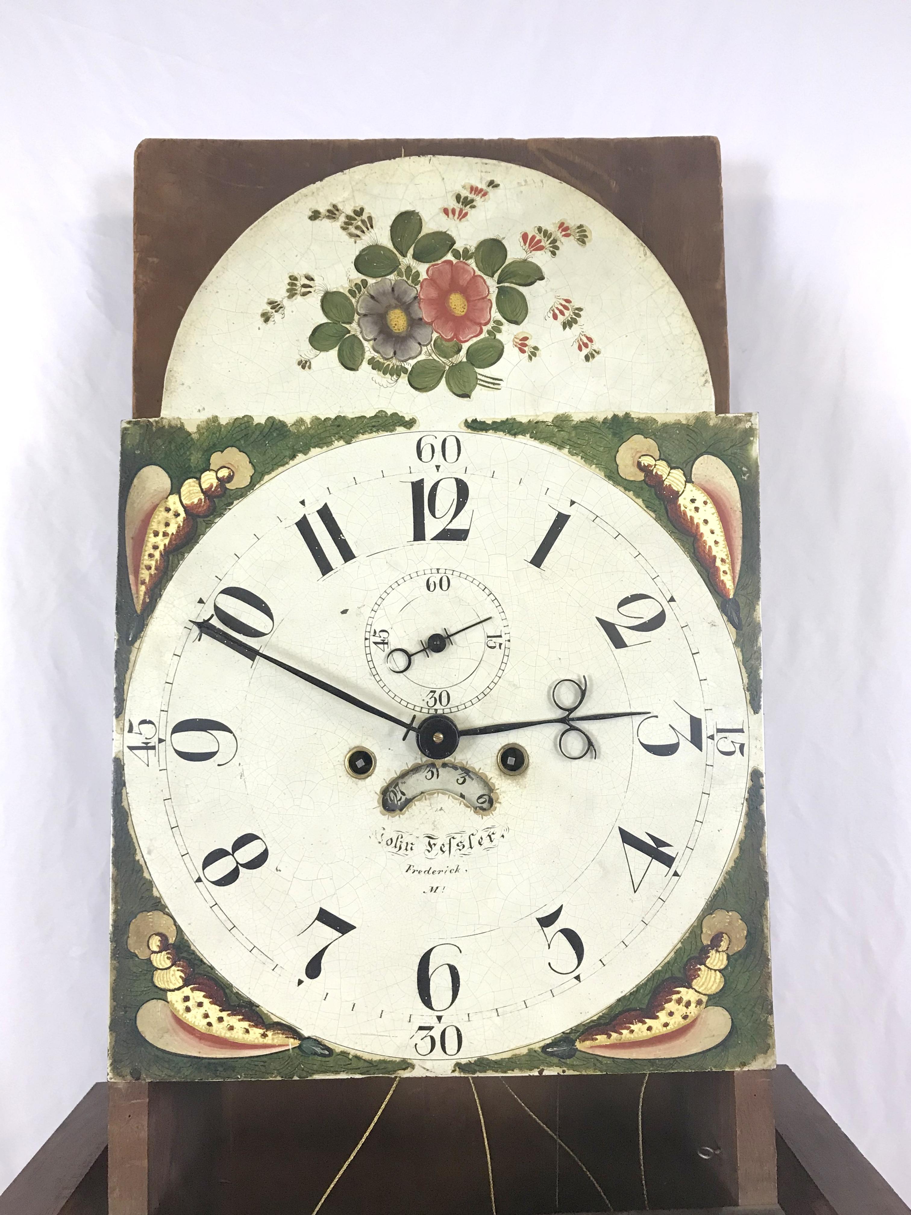American 18th Century John Fessler Walnut Tall Clock, Hand-Painted Face, circa 1790 For Sale