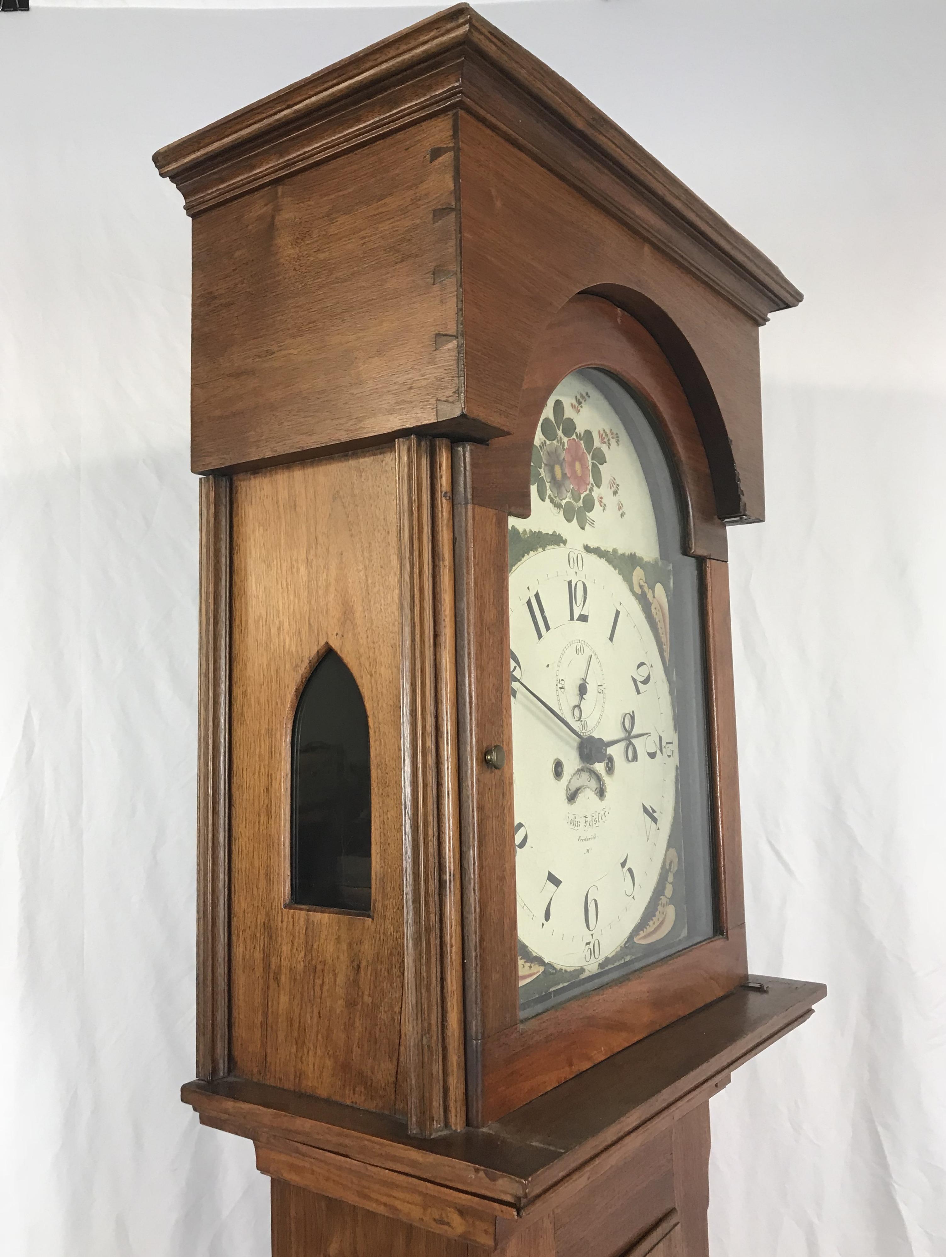 18th Century John Fessler Walnut Tall Clock, Hand-Painted Face, circa 1790 In Good Condition For Sale In Portland, OR