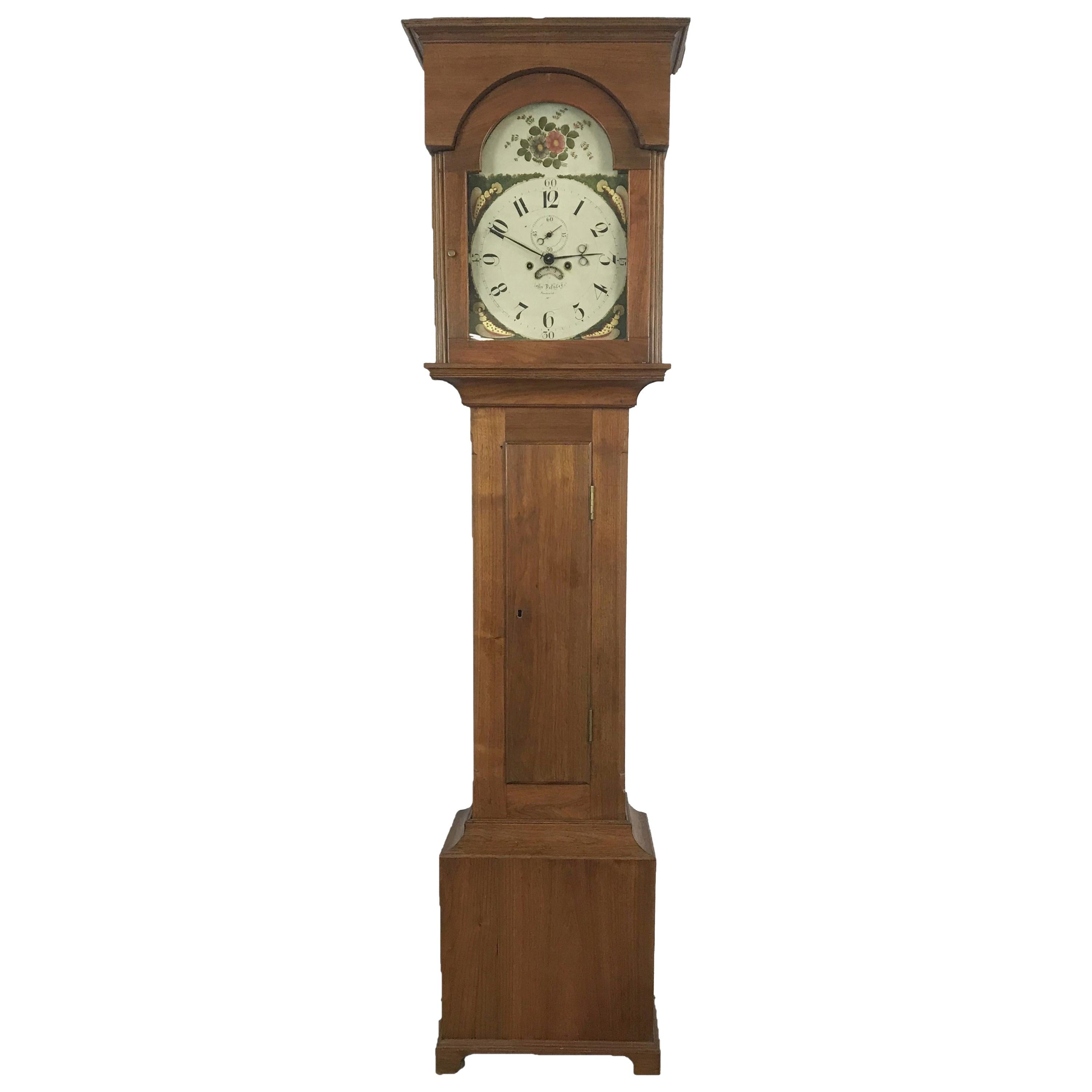 18th Century John Fessler Walnut Tall Clock, Hand-Painted Face, circa 1790 For Sale
