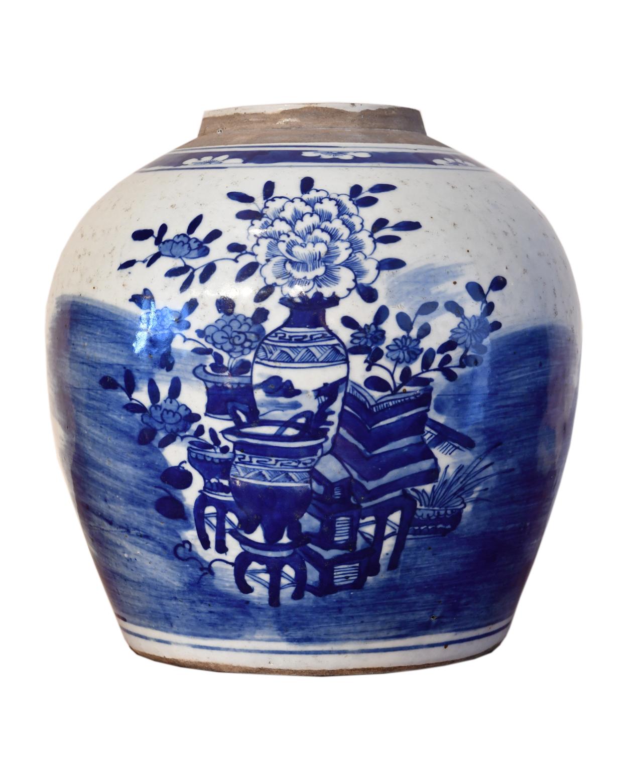 Blue and White Hand Painted Chinoiserie Porcelain Tea Jar with Crackle Finish