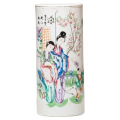 18th Century Kangxi Brush Vase In Porcelain And Beautiful Enamel Painted Decor