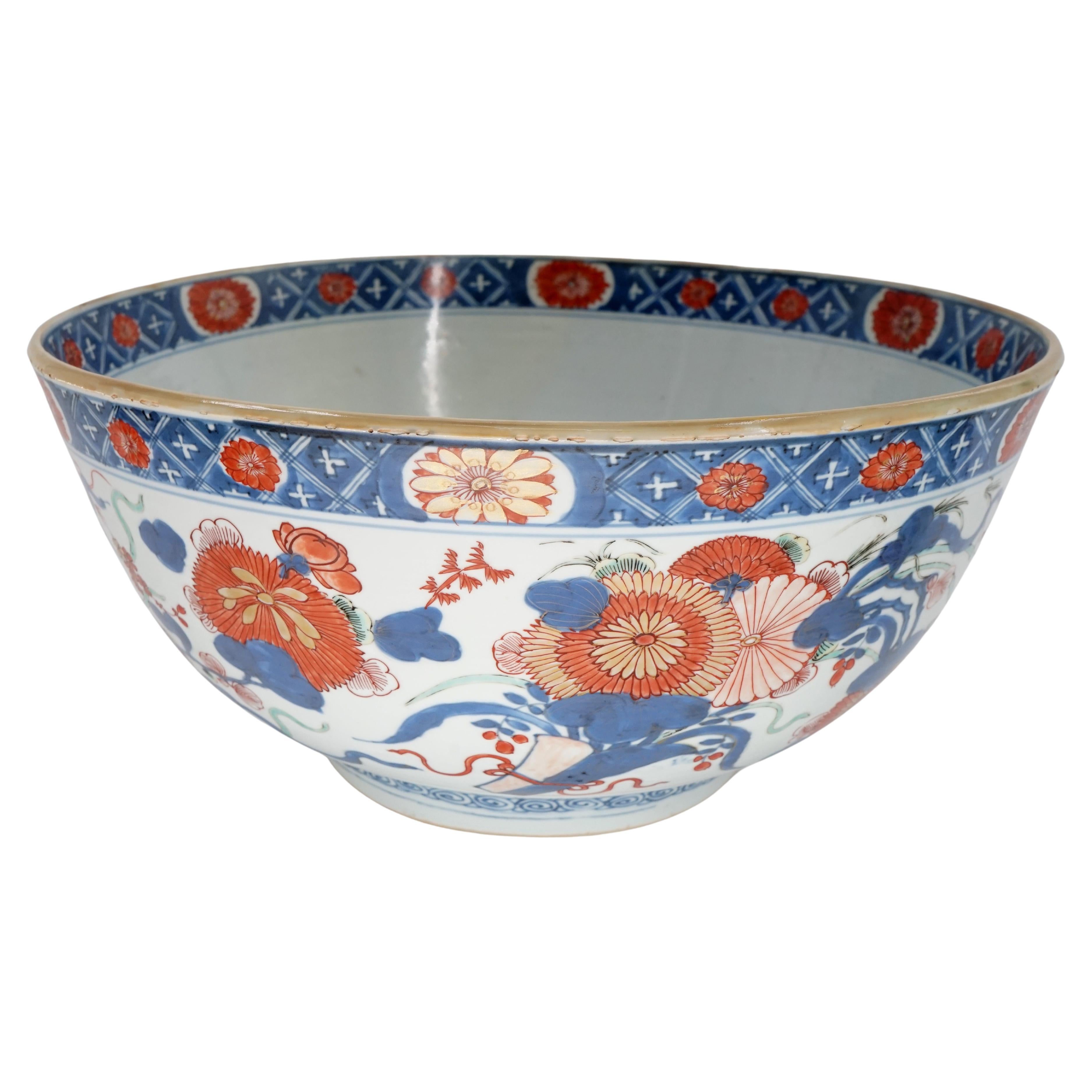 18th Century Kangxi Chinese Imari Export 14 Inch Diameter Punch Bowl  For Sale