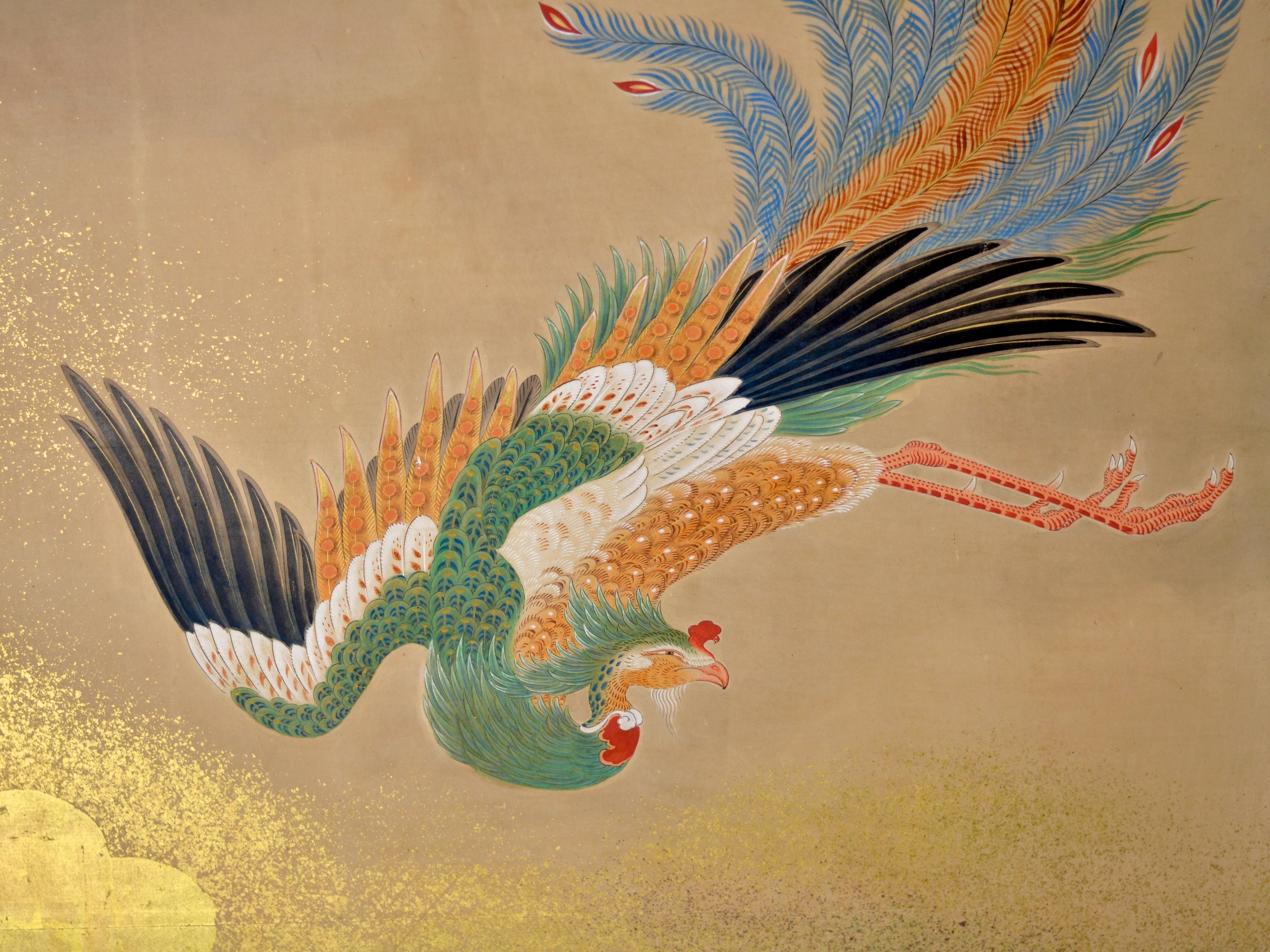 Edo 18th Century Kano School Golden Painted Folding Screen with Phoenix For Sale