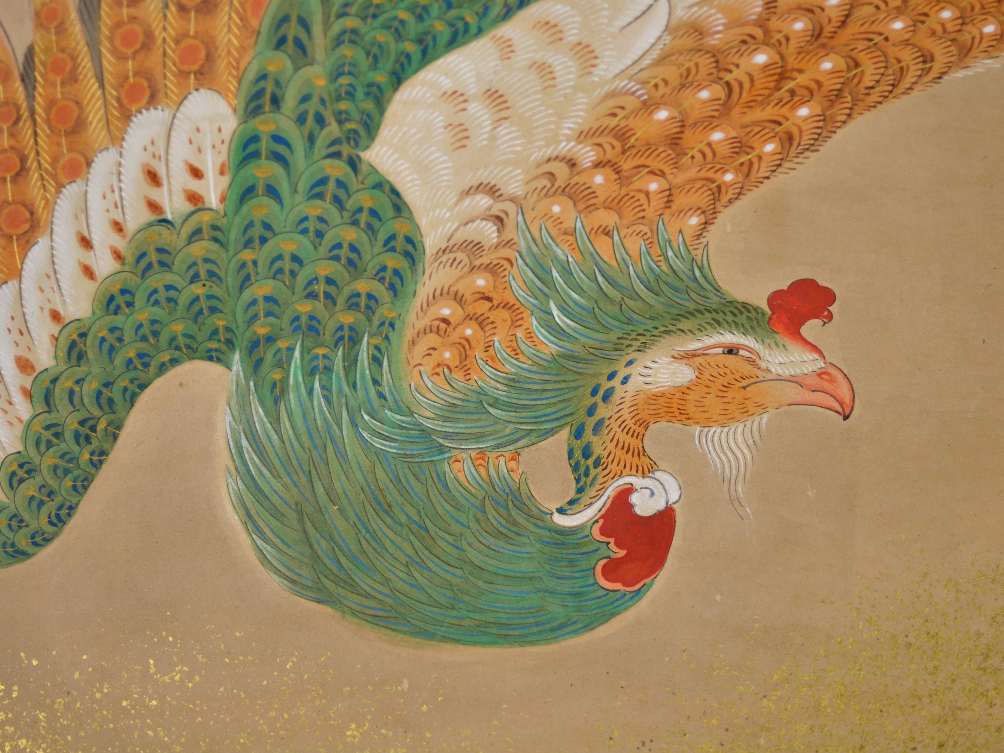 Japanese 18th Century Kano School Golden Painted Folding Screen with Phoenix For Sale