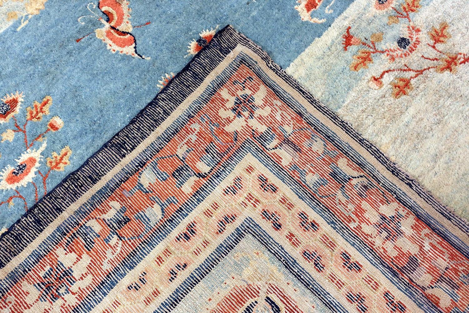 Beautiful light blue background color rare 18th century Kansu carpet, Country of origin / Rug Type: Antique Chinese Rugs, Circa date: 18th Century. Size: 9 ft 4 in x 14 ft 2 in (2.84 m x 4.32 m)

