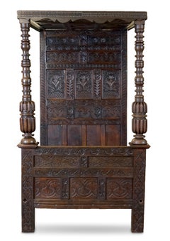18TH CENTURY KING GEORGE I CiRCA 1700 ORNATELY CARVED JACOBEAN OAK TESTER BED