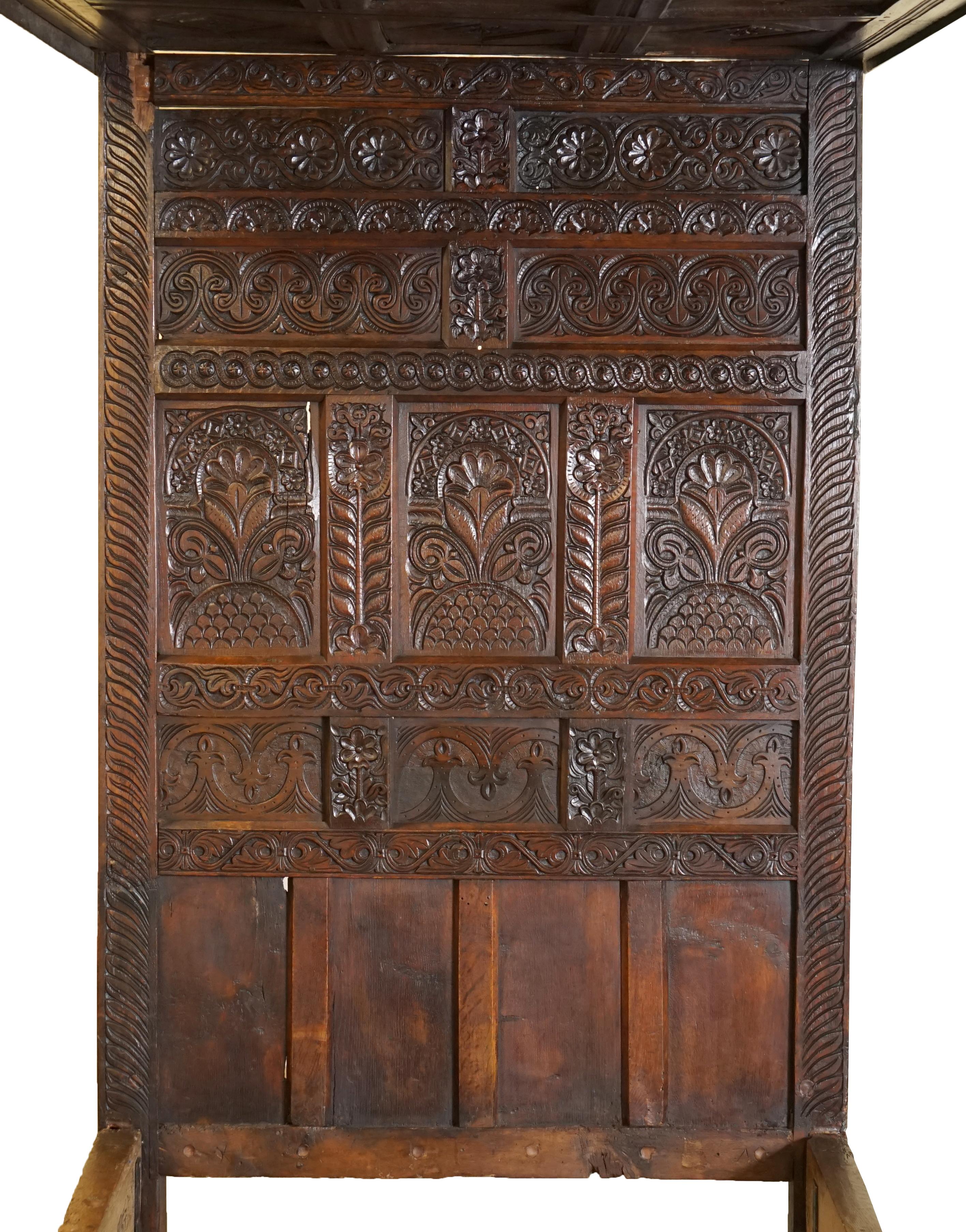 English 18TH CENTURY KING GEORGE I CiRCA 1700 ORNATELY CARVED JACOBEAN OAK TESTER BED